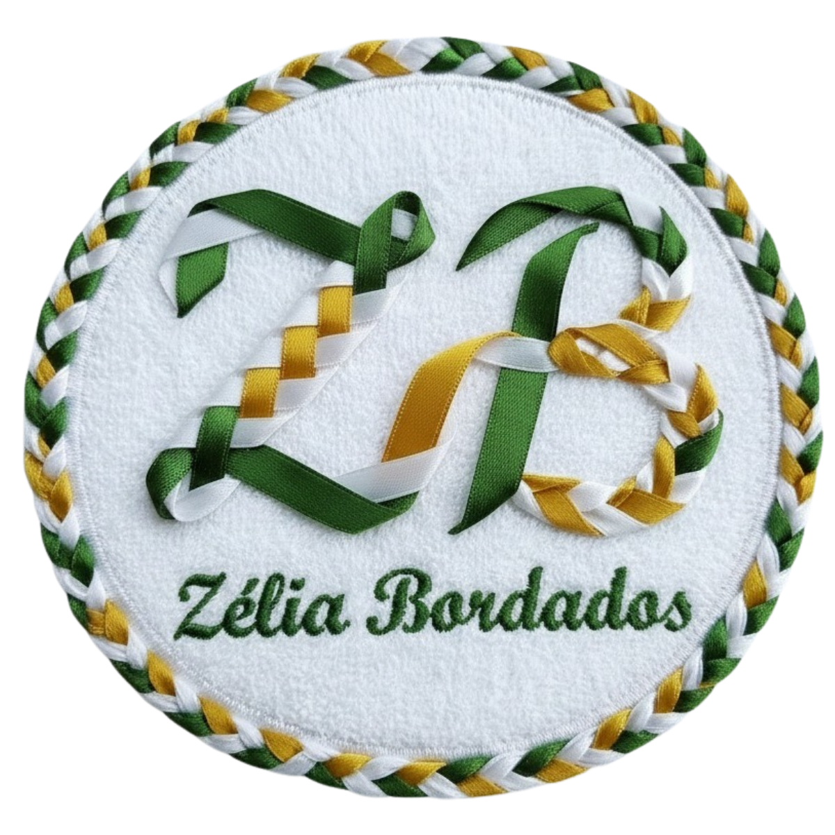 Logo de Zélia Bordados em tons de verde e dourado com uma agulha e fita.